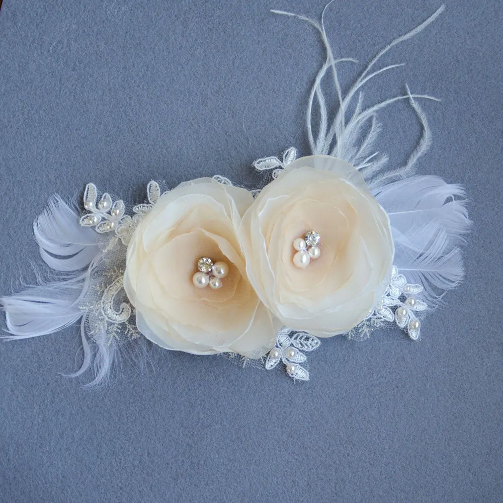 Duo Champagne Chiffon Fascinator, Hair Flowers, Feather Fascinator for brides and bridesmaids
