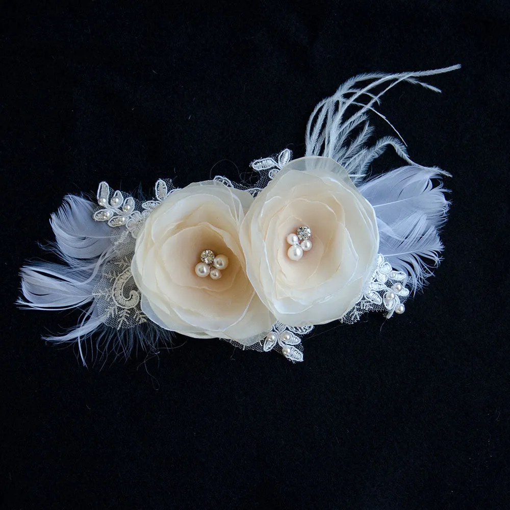 Duo Champagne Chiffon Fascinator, Hair Flowers, Feather Fascinator for brides and bridesmaids