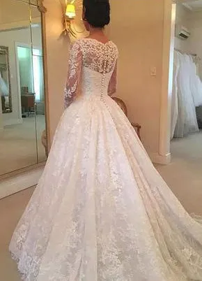 Elegant Sheer Long Sleeve Lace Wedding Dresses Appliques 2019 New Bridal Dress Ball Gown