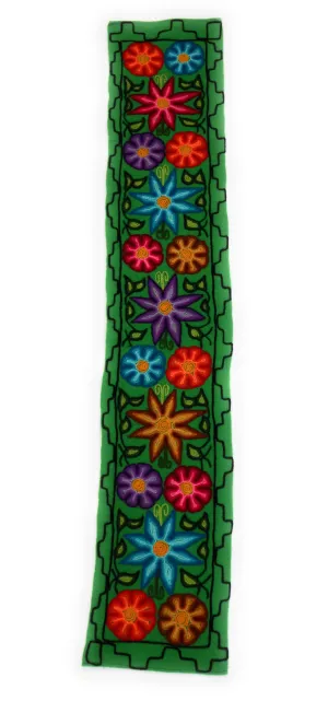 Embroidered Peruvian Wool Tapestry with Flowers. Table Runner, Wall Hanging, 54.5" L x 9.75" W Green