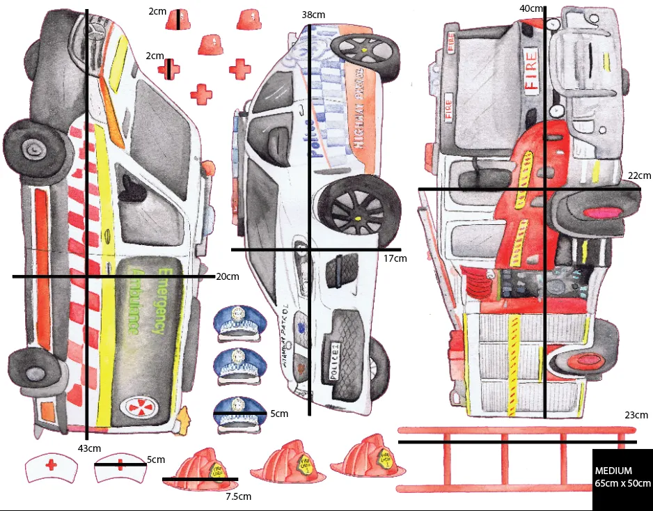Emergency Vehicles Australian Design Hand Painted Peel & Stick, Removable Wall Decal. Nursery, Kids Playroom, Kids Teens Bedroom