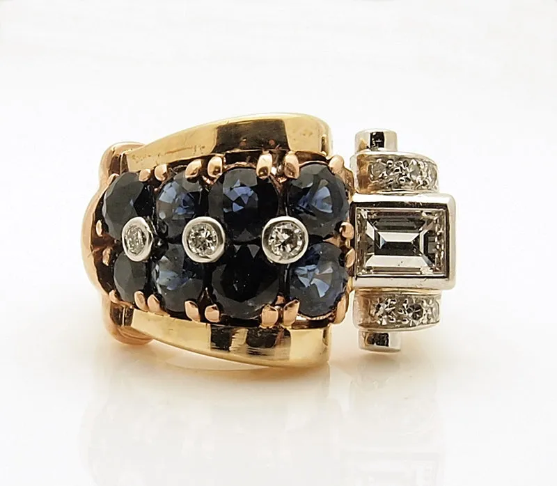 Estate 14k Rose Gold Retro Sapphire and Diamond Ring