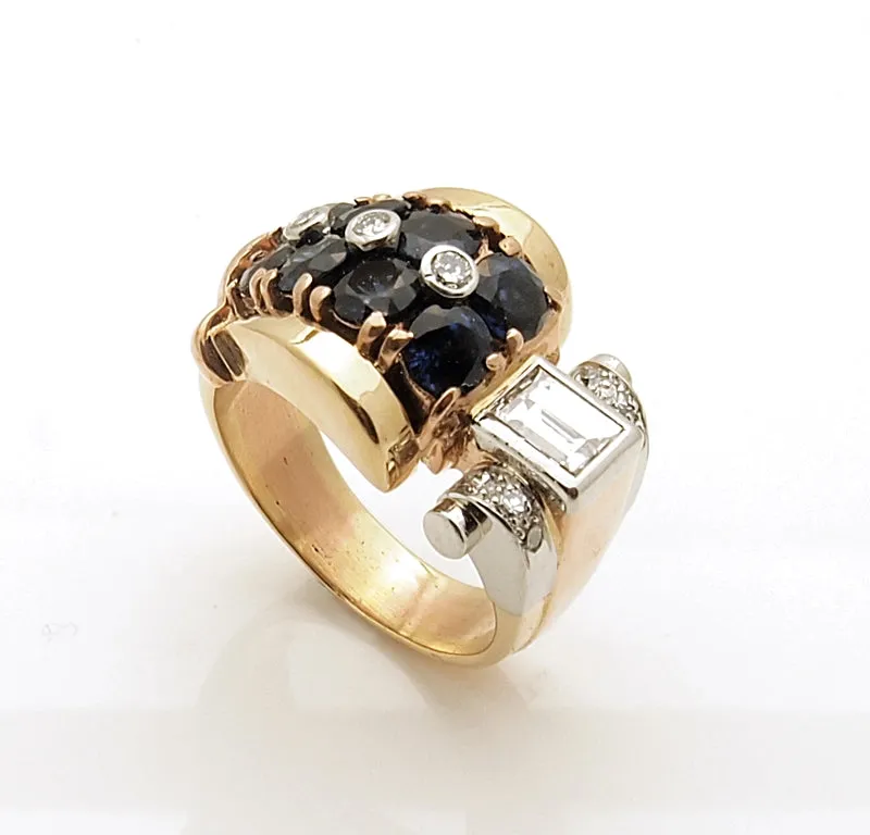 Estate 14k Rose Gold Retro Sapphire and Diamond Ring