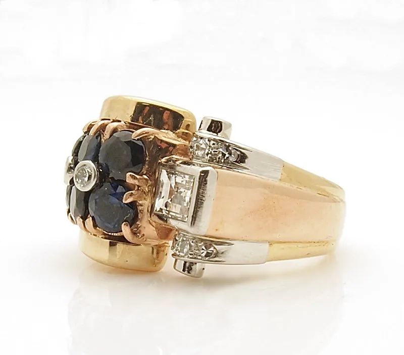 Estate 14k Rose Gold Retro Sapphire and Diamond Ring