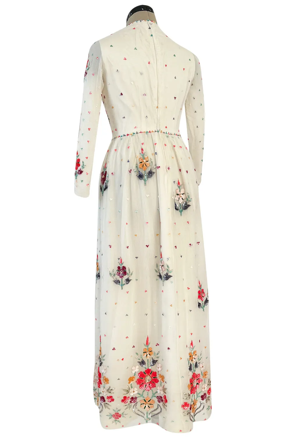 Exceptional 1960s Hand Sequinned Indian Silk Gauze Dress w Matching Veil or Shaw