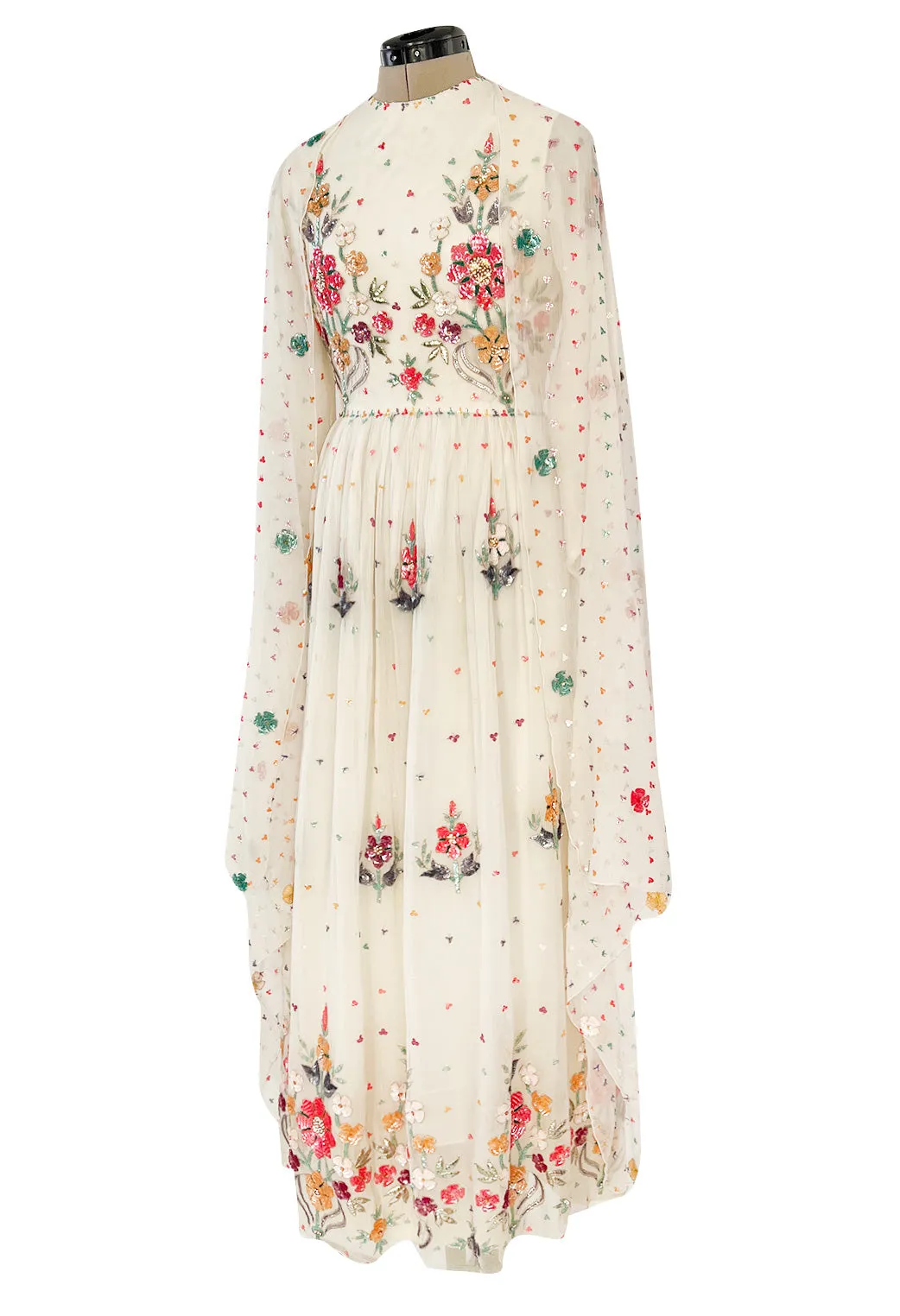 Exceptional 1960s Hand Sequinned Indian Silk Gauze Dress w Matching Veil or Shaw