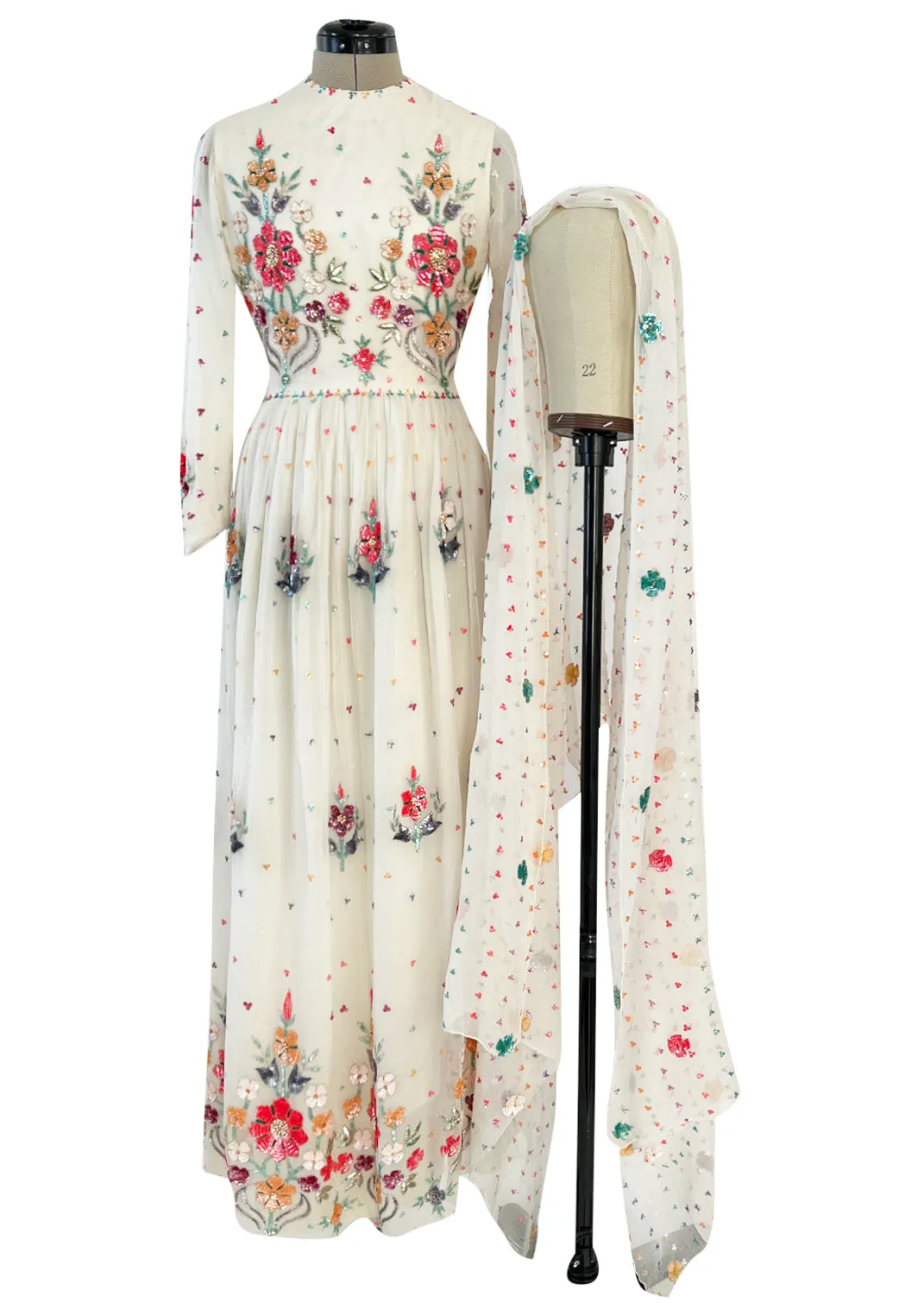 Exceptional 1960s Hand Sequinned Indian Silk Gauze Dress w Matching Veil or Shaw