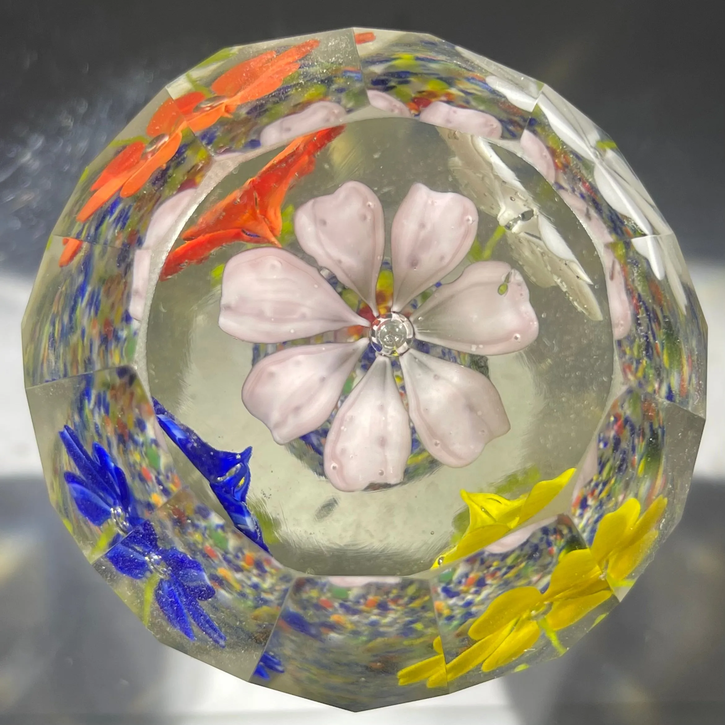 Faceted Bohemian/Czechoslovakian Glass Art Paperweight Colorful Upright Flowers