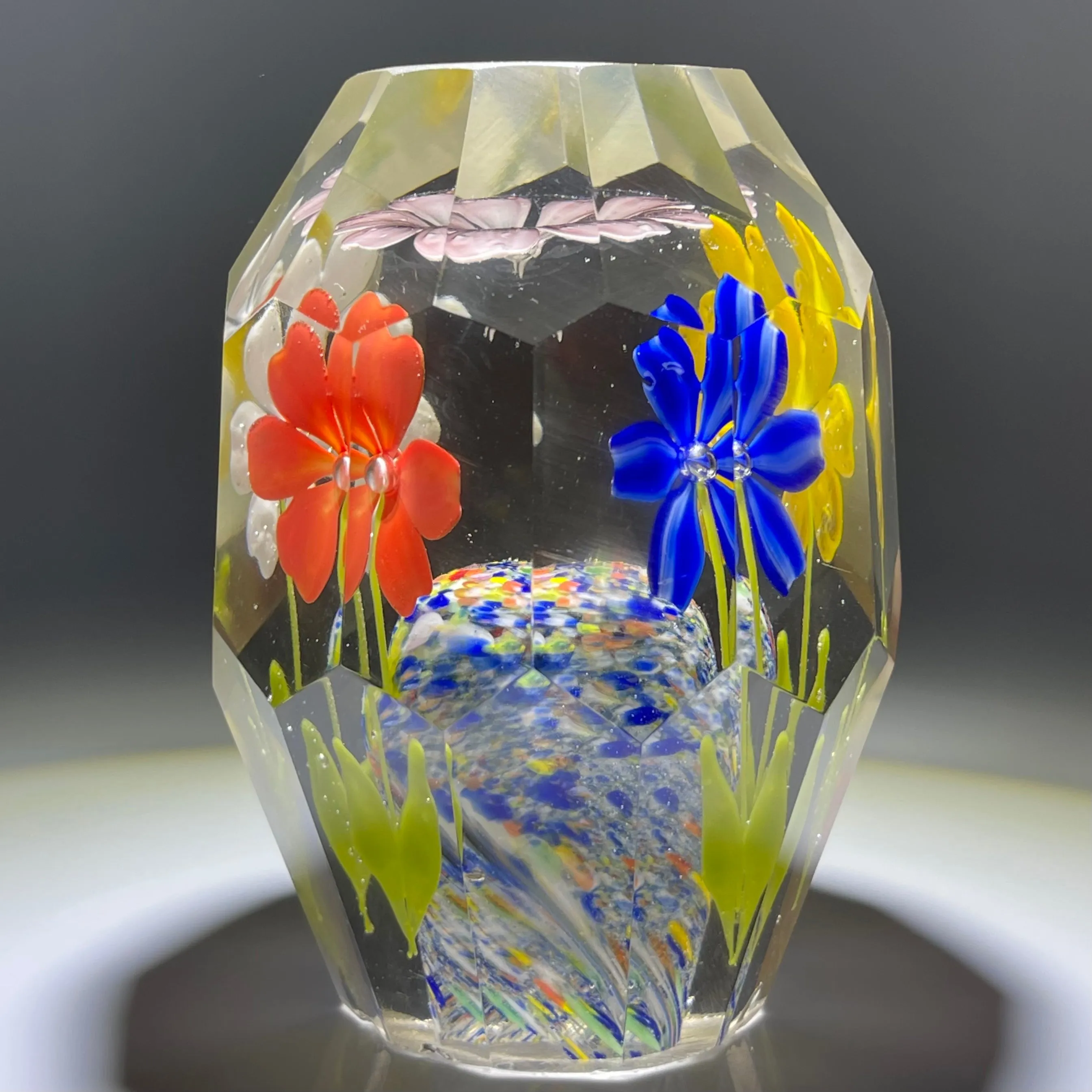 Faceted Bohemian/Czechoslovakian Glass Art Paperweight Colorful Upright Flowers
