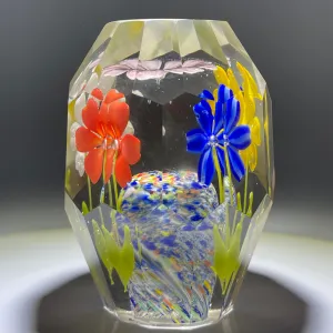 Faceted Bohemian/Czechoslovakian Glass Art Paperweight Colorful Upright Flowers