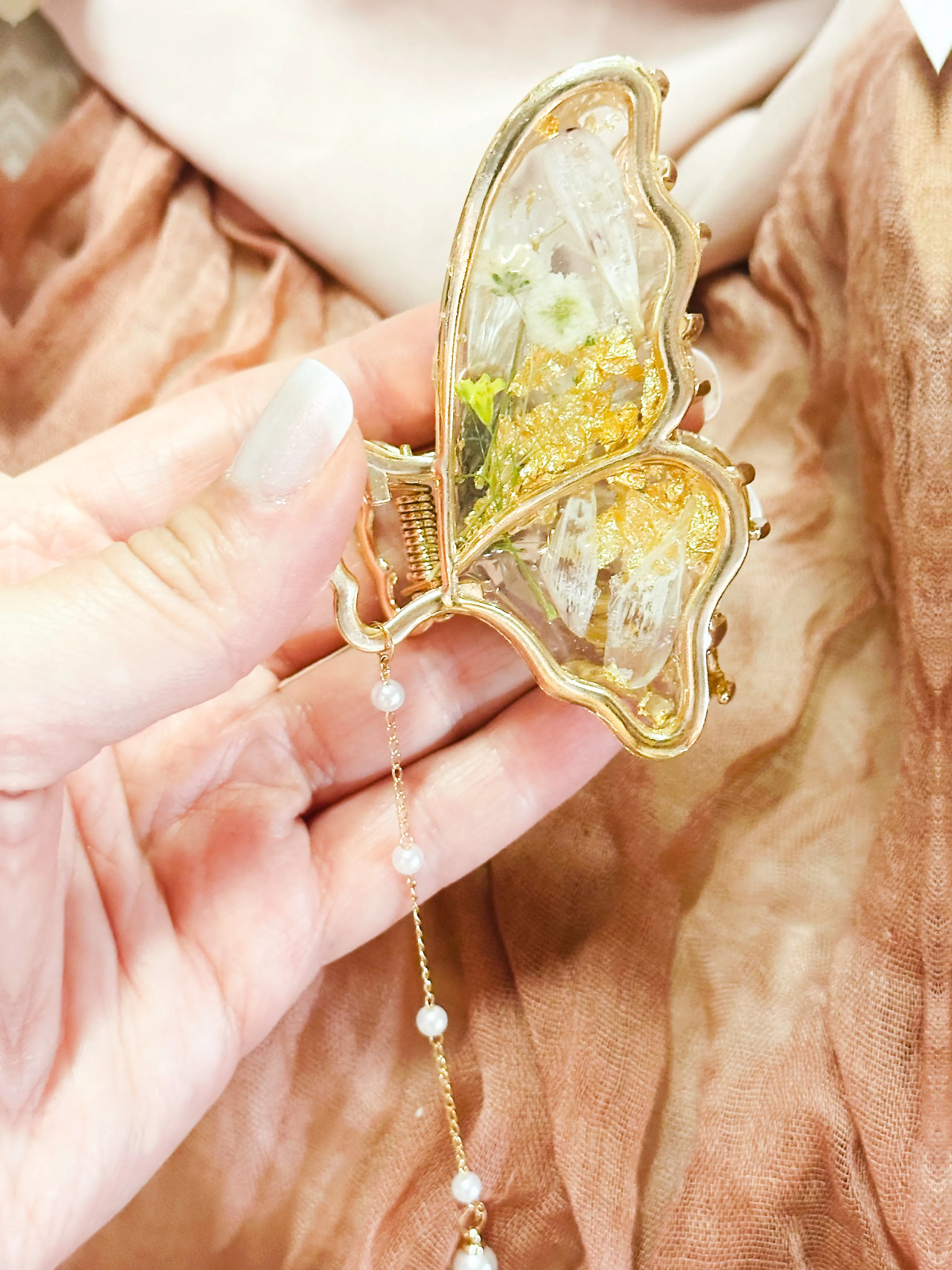 Flower and Pearl -Metal Butterfly Clip Infused with Real Flowers in Resin.