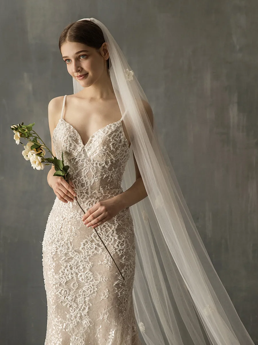 Flower Long Simple Tulle Wedding Bridal Veil V641xmj
