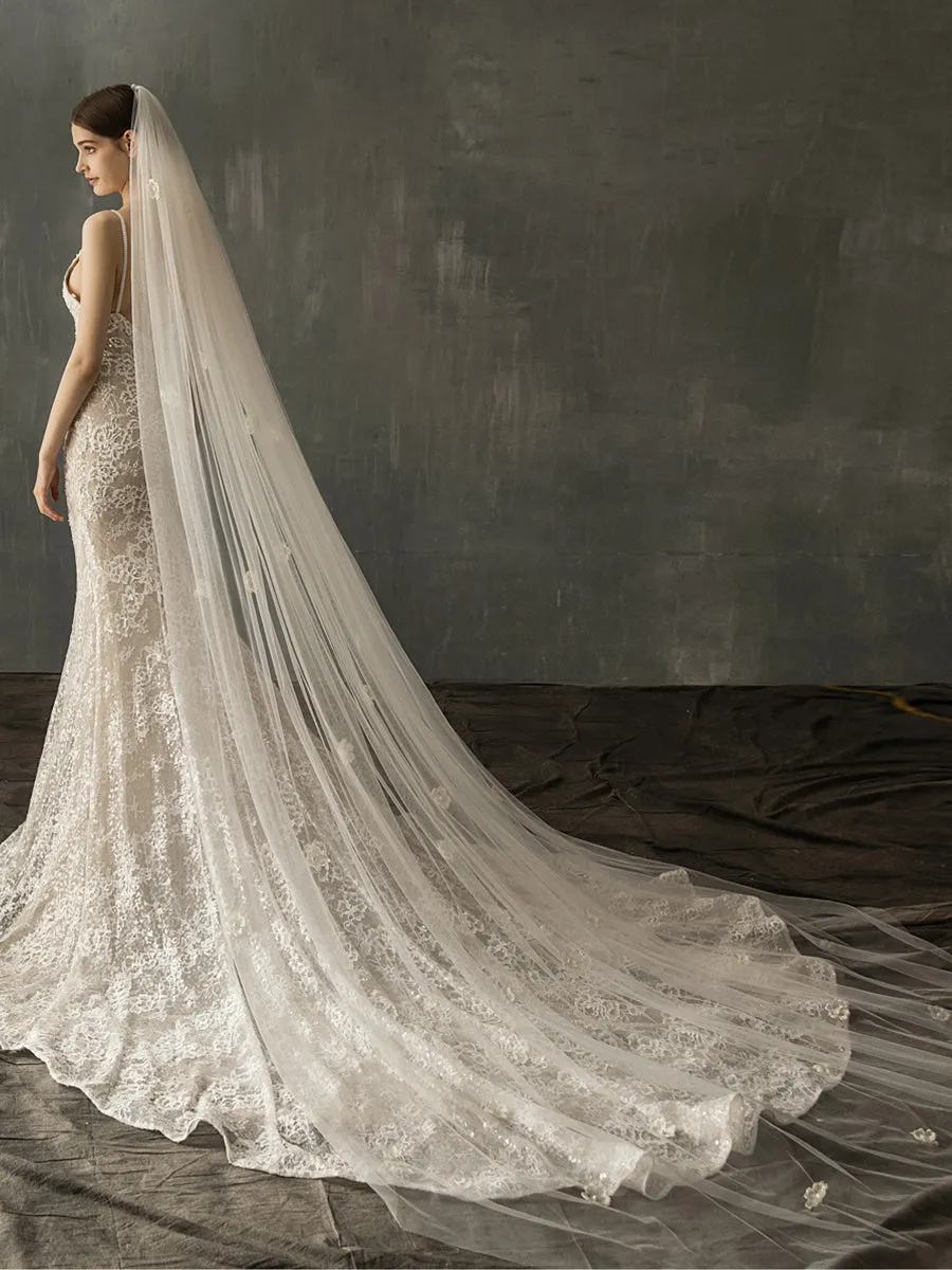 Flower Long Simple Tulle Wedding Bridal Veil V641xmj