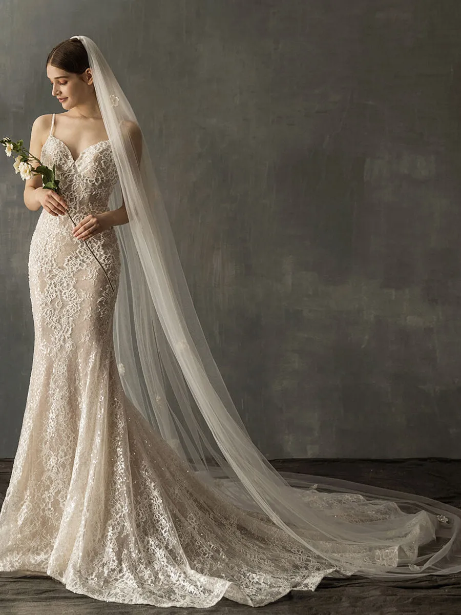 Flower Long Simple Tulle Wedding Bridal Veil V641xmj