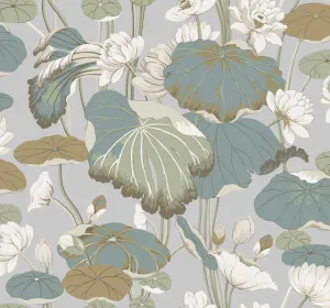GO8294 Lotus Pond Heather/Cotton Wallpaper-Grey/Blue