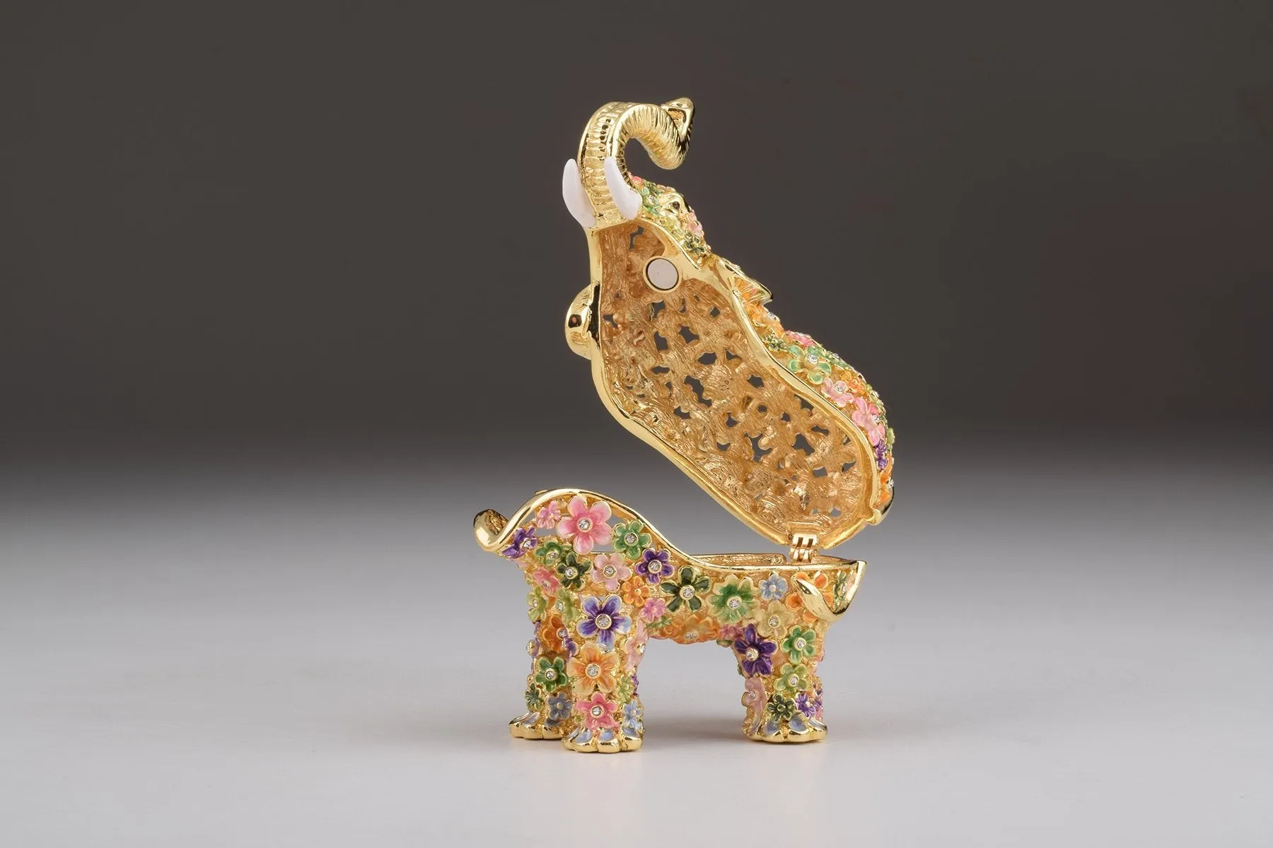 Gold Elephant with Colorful Flowers Trinket Box