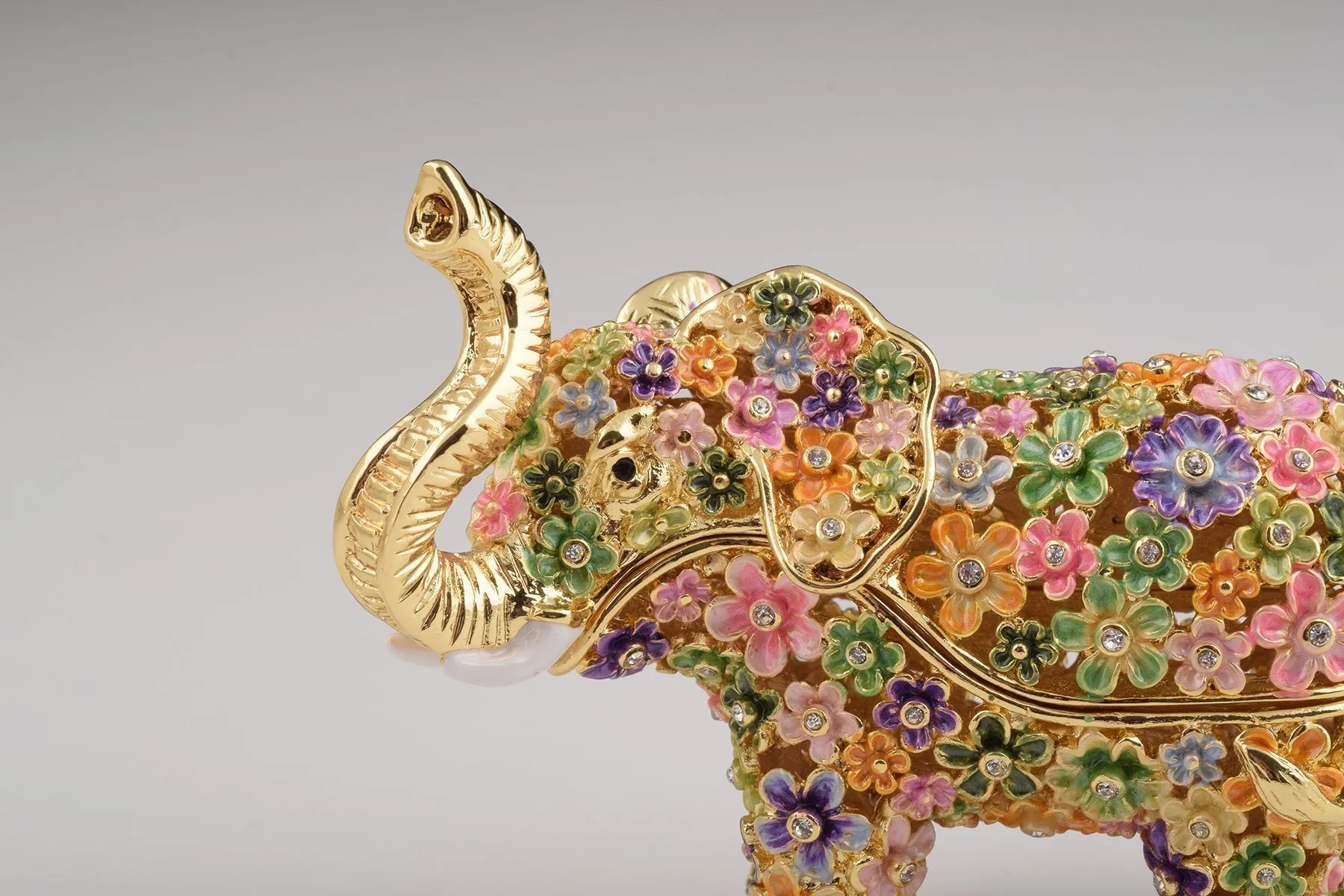 Gold Elephant with Colorful Flowers Trinket Box