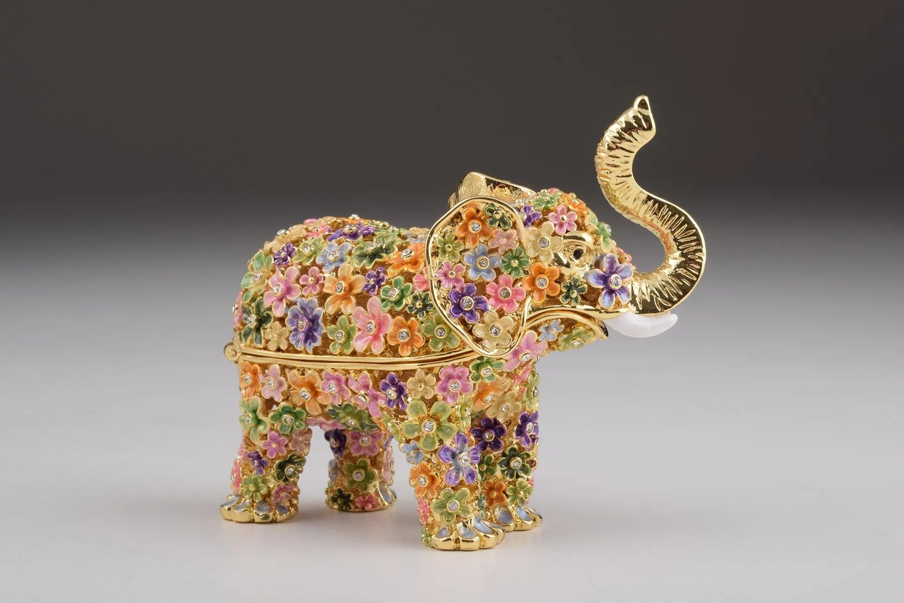 Gold Elephant with Colorful Flowers Trinket Box