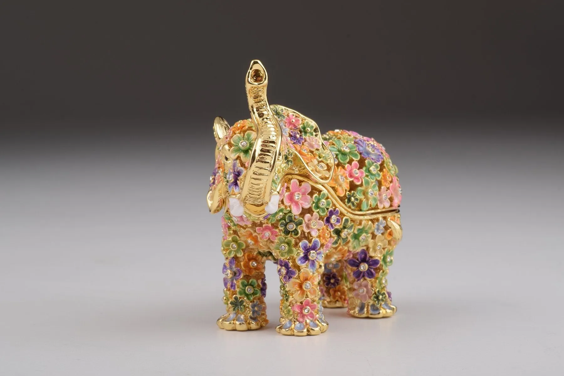 Gold Elephant with Colorful Flowers Trinket Box