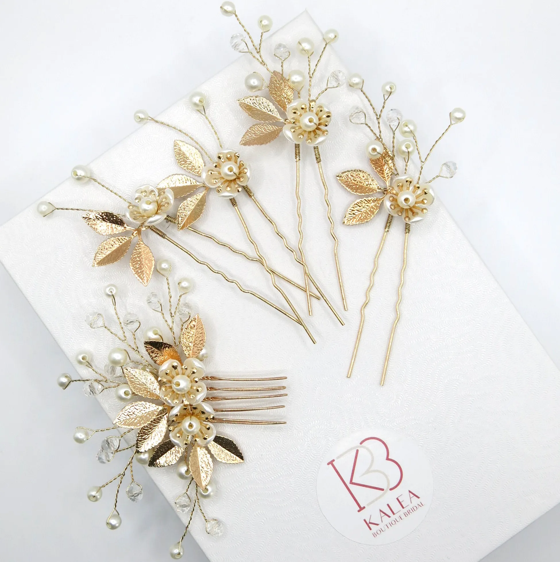 Gold Flower Hairpins 4 PC Set or Bridal Pearl Hair Comb, Bridesmaid U-Shaped Floral Hairpins and Crystal Hair Comb