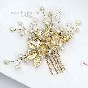 Gold Flower Hairpins 4 PC Set or Bridal Pearl Hair Comb, Bridesmaid U-Shaped Floral Hairpins and Crystal Hair Comb
