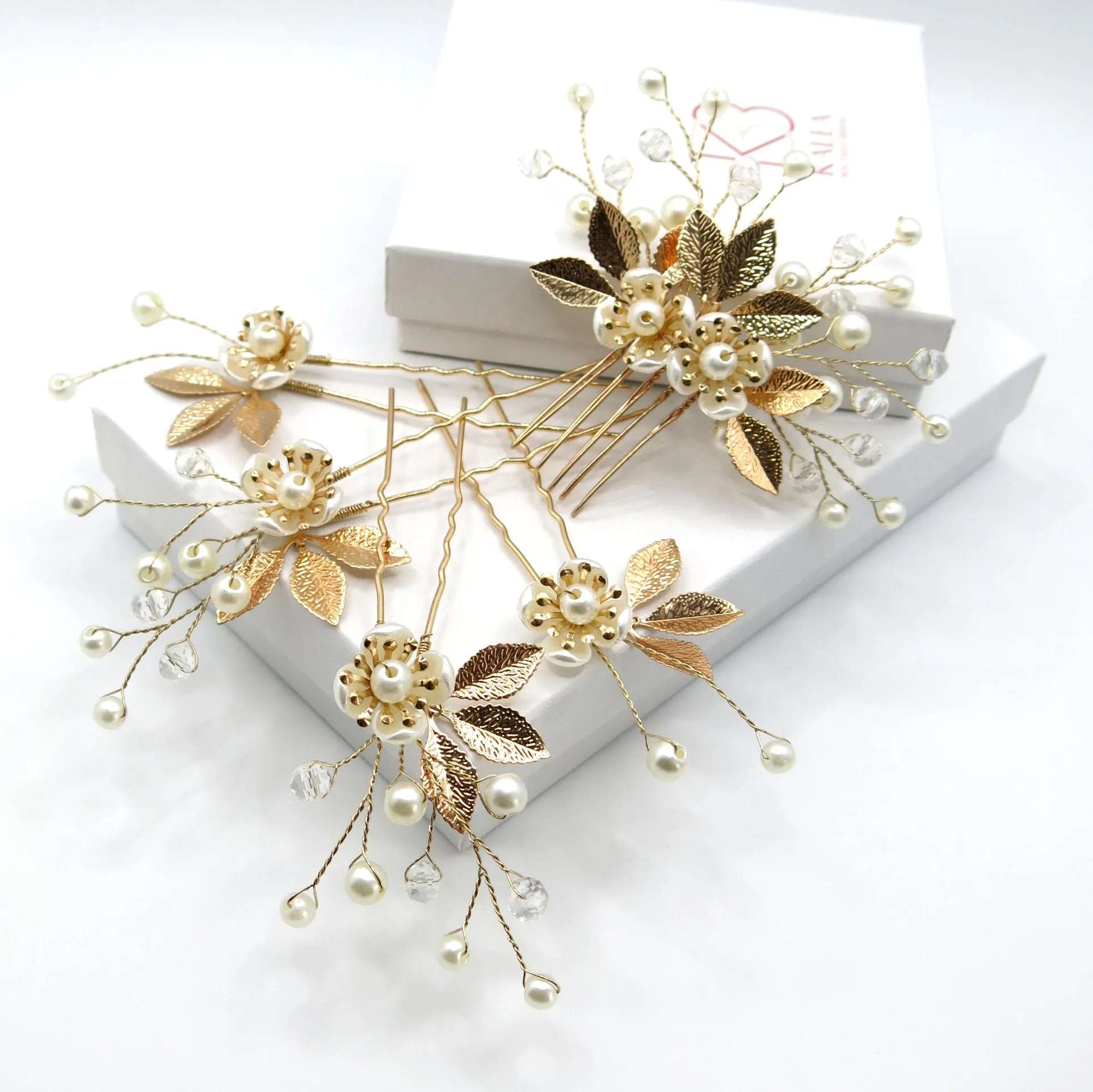 Gold Flower Hairpins 4 PC Set or Bridal Pearl Hair Comb, Bridesmaid U-Shaped Floral Hairpins and Crystal Hair Comb