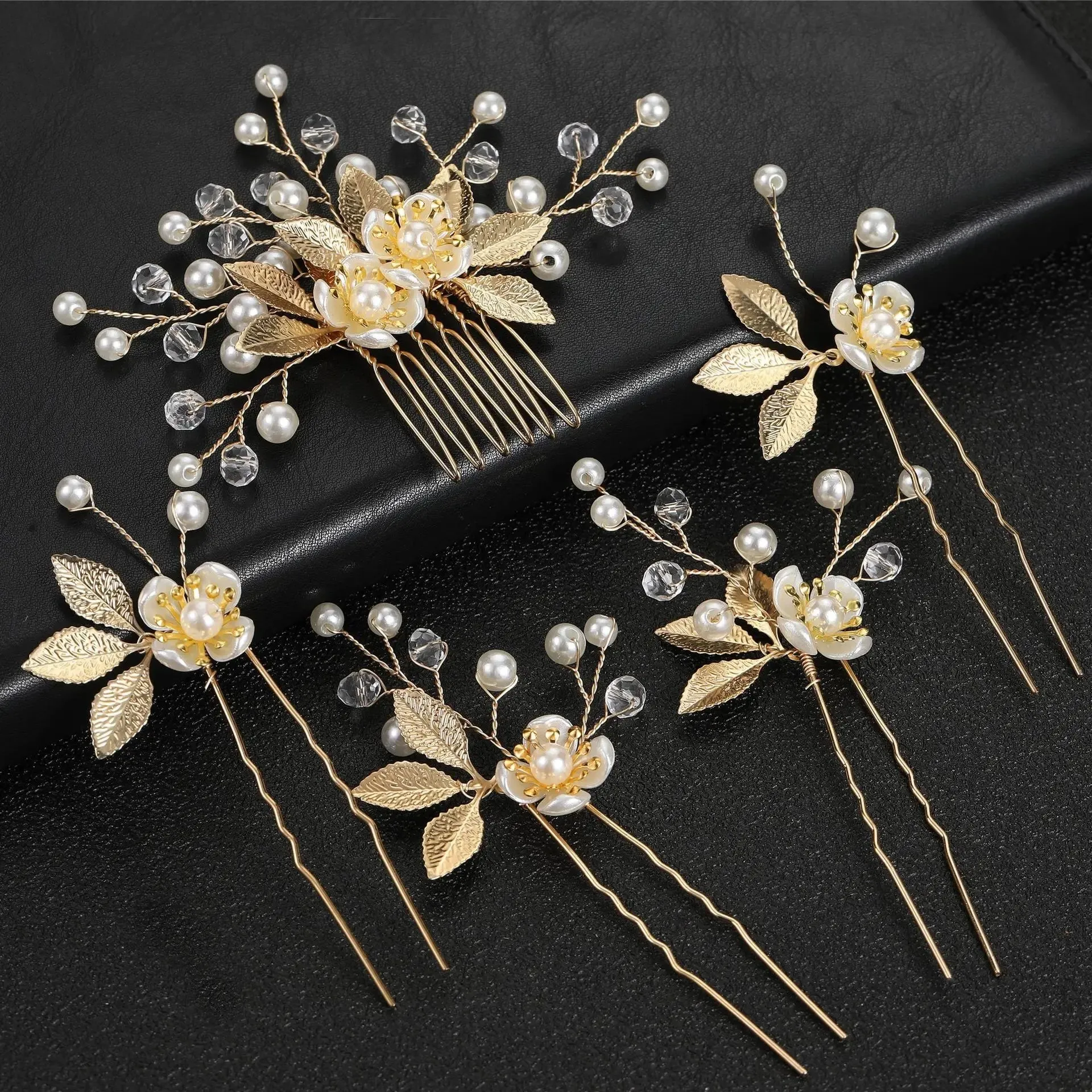 Gold Flower Hairpins 4 PC Set or Bridal Pearl Hair Comb, Bridesmaid U-Shaped Floral Hairpins and Crystal Hair Comb