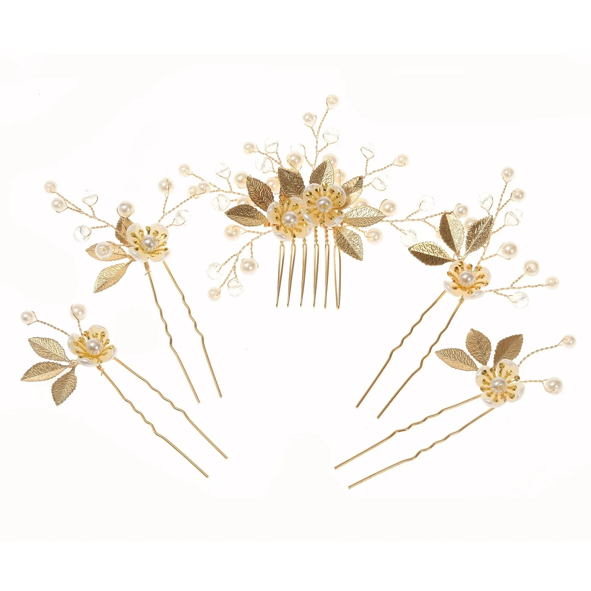 Gold Flower Hairpins 4 PC Set or Bridal Pearl Hair Comb, Bridesmaid U-Shaped Floral Hairpins and Crystal Hair Comb
