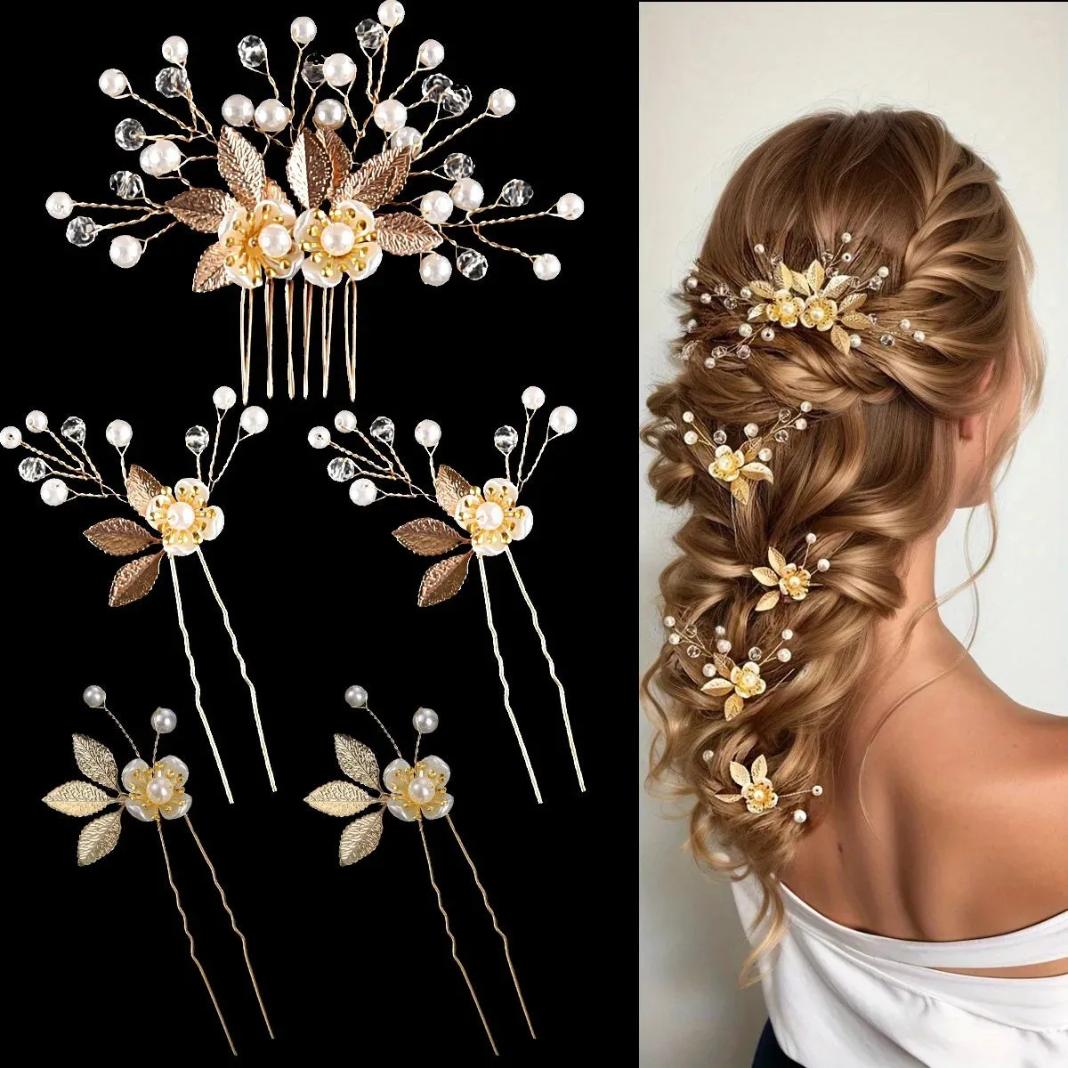 Gold Flower Hairpins 4 PC Set or Bridal Pearl Hair Comb, Bridesmaid U-Shaped Floral Hairpins and Crystal Hair Comb