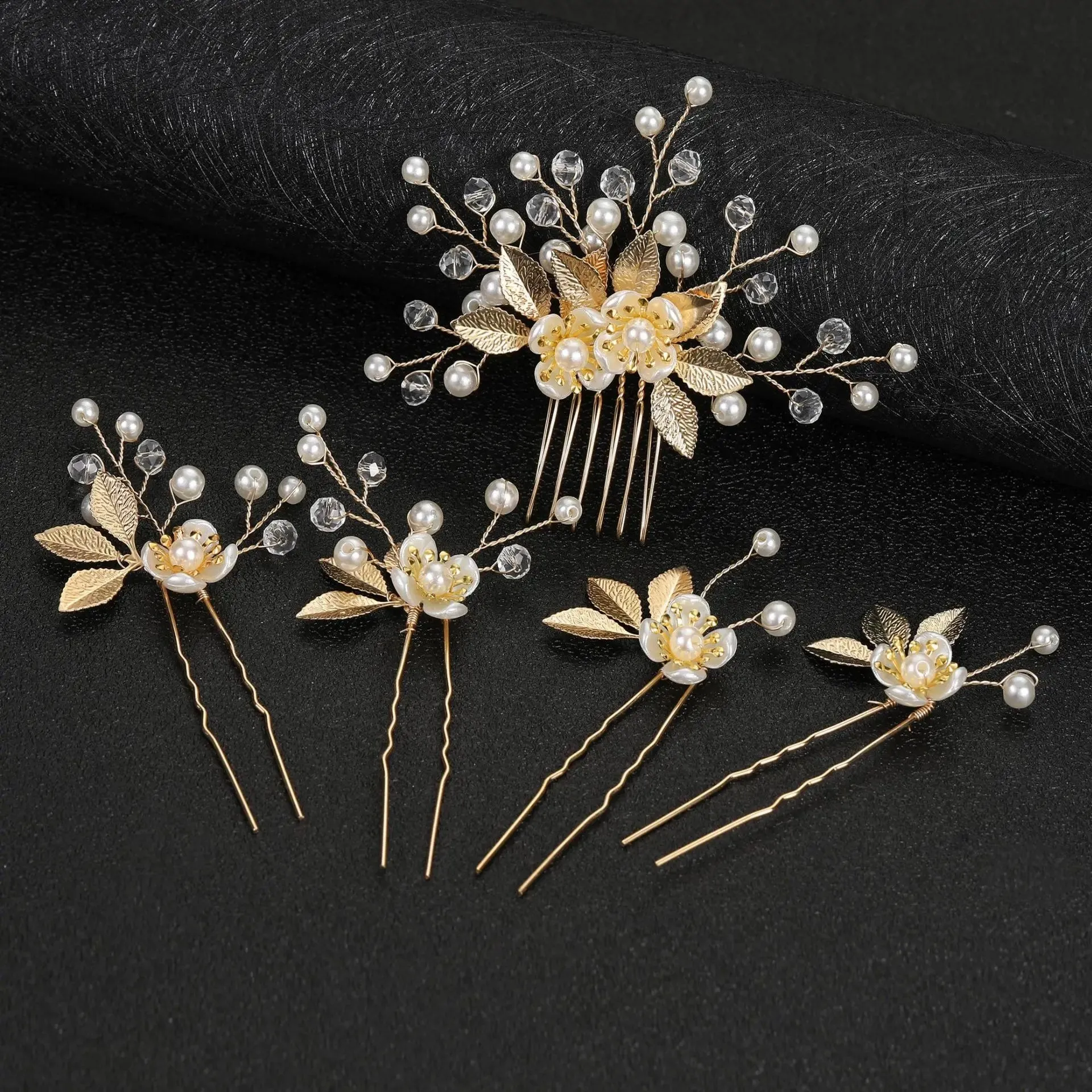Gold Flower Hairpins 4 PC Set or Bridal Pearl Hair Comb, Bridesmaid U-Shaped Floral Hairpins and Crystal Hair Comb