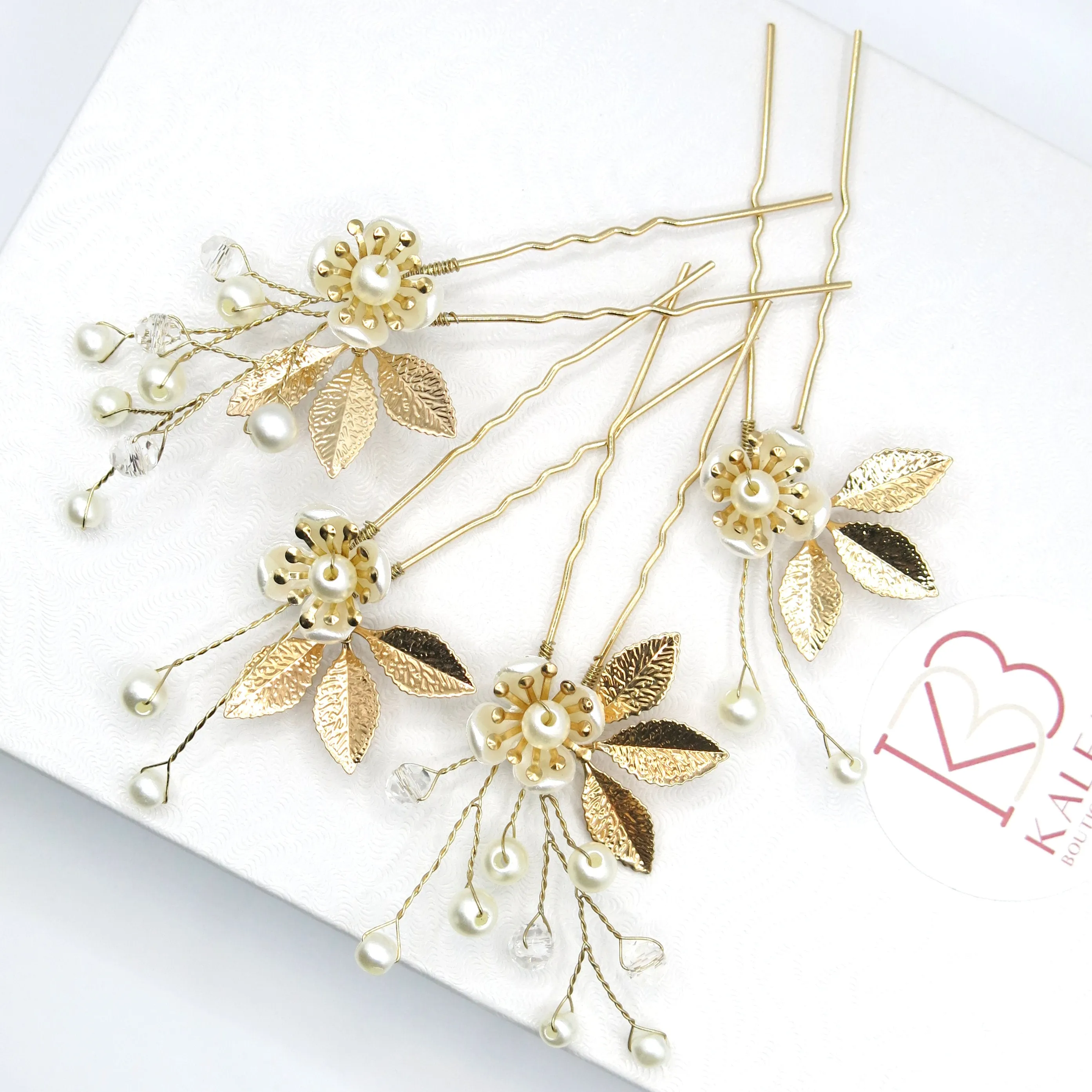 Gold Flower Hairpins 4 PC Set or Bridal Pearl Hair Comb, Bridesmaid U-Shaped Floral Hairpins and Crystal Hair Comb