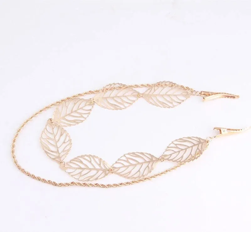 Gold Leaves and Rope Dual Chain Hair Vine, Bridal Gold Chained Vine Hairclip, Boho Dancer Hairpiece