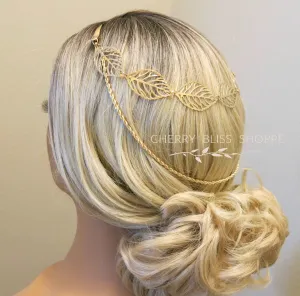 Gold Leaves and Rope Dual Chain Hair Vine, Bridal Gold Chained Vine Hairclip, Boho Dancer Hairpiece