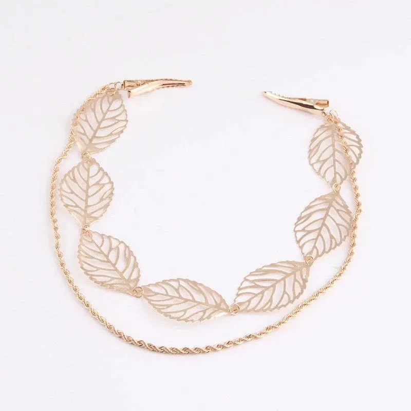 Gold Leaves and Rope Dual Chain Hair Vine, Bridal Gold Chained Vine Hairclip, Boho Dancer Hairpiece