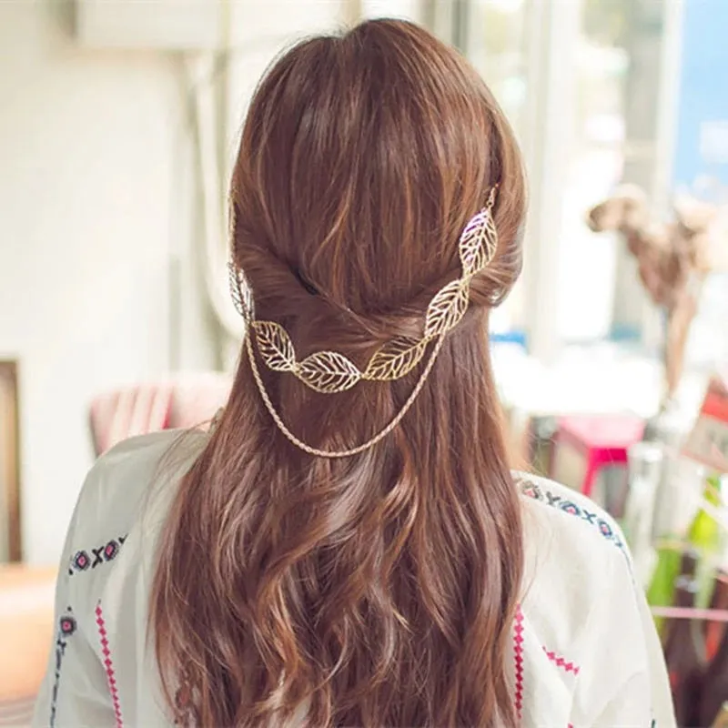 Gold Leaves and Rope Dual Chain Hair Vine, Bridal Gold Chained Vine Hairclip, Boho Dancer Hairpiece