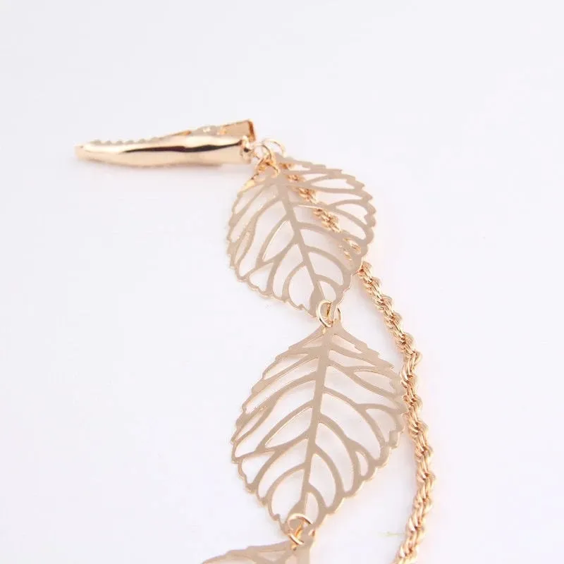 Gold Leaves and Rope Dual Chain Hair Vine, Bridal Gold Chained Vine Hairclip, Boho Dancer Hairpiece