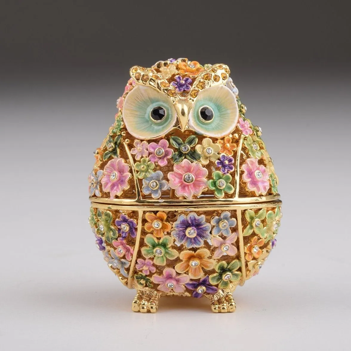 Gold Owl with Colorful Flowers Trinket Box