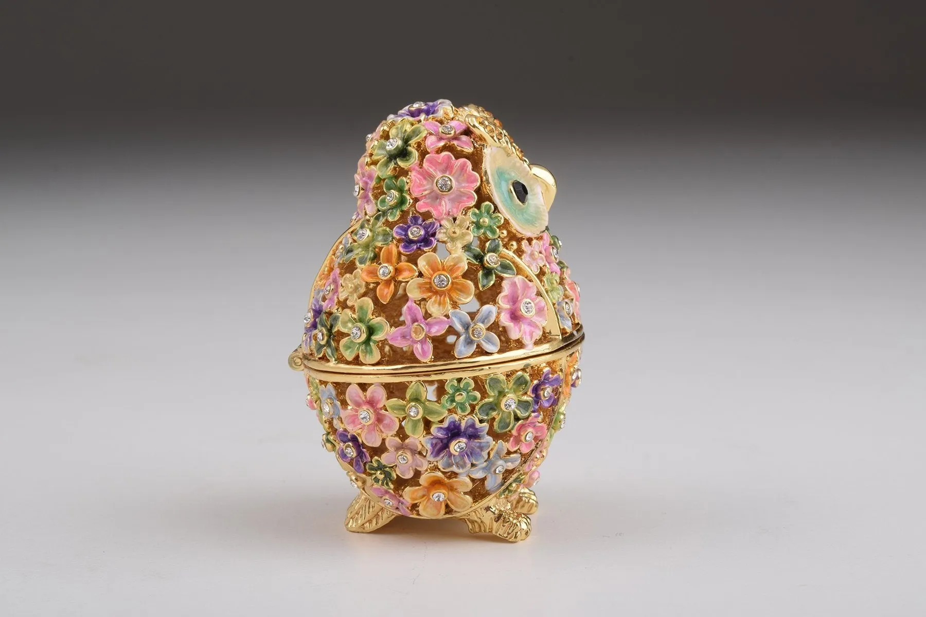 Gold Owl with Colorful Flowers Trinket Box