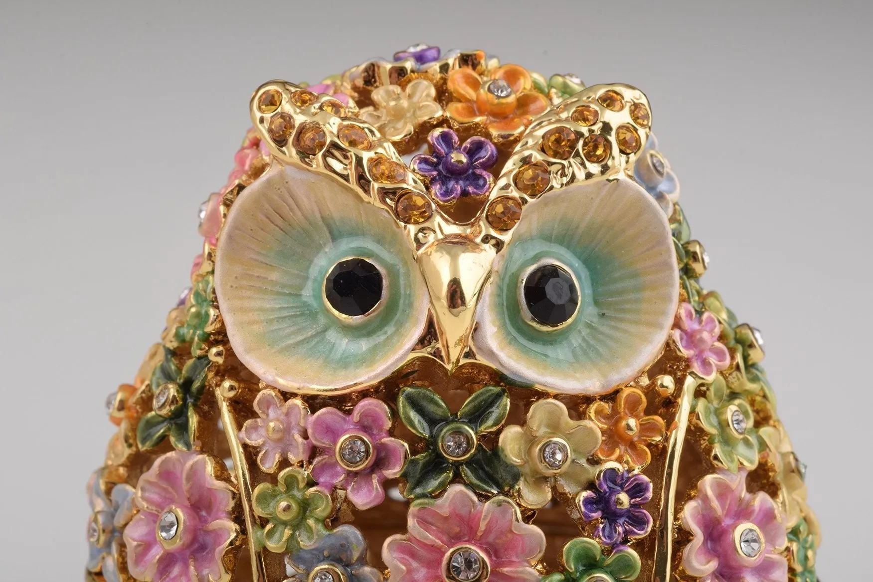 Gold Owl with Colorful Flowers Trinket Box