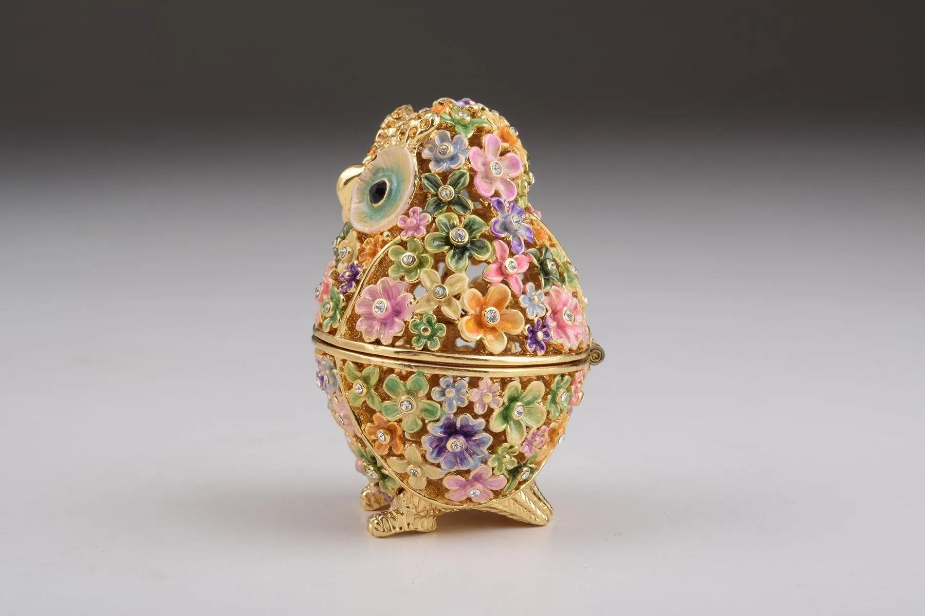 Gold Owl with Colorful Flowers Trinket Box