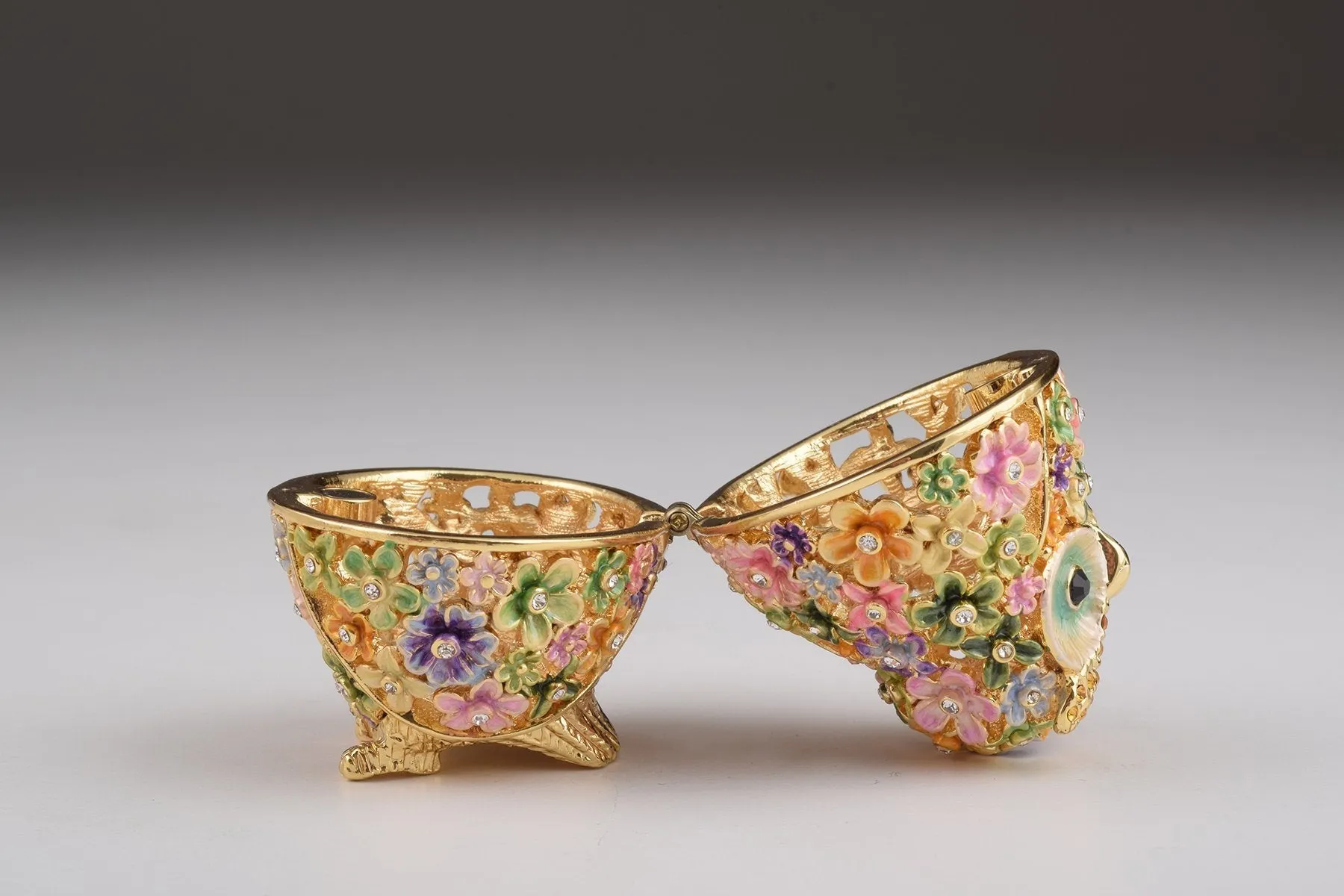 Gold Owl with Colorful Flowers Trinket Box
