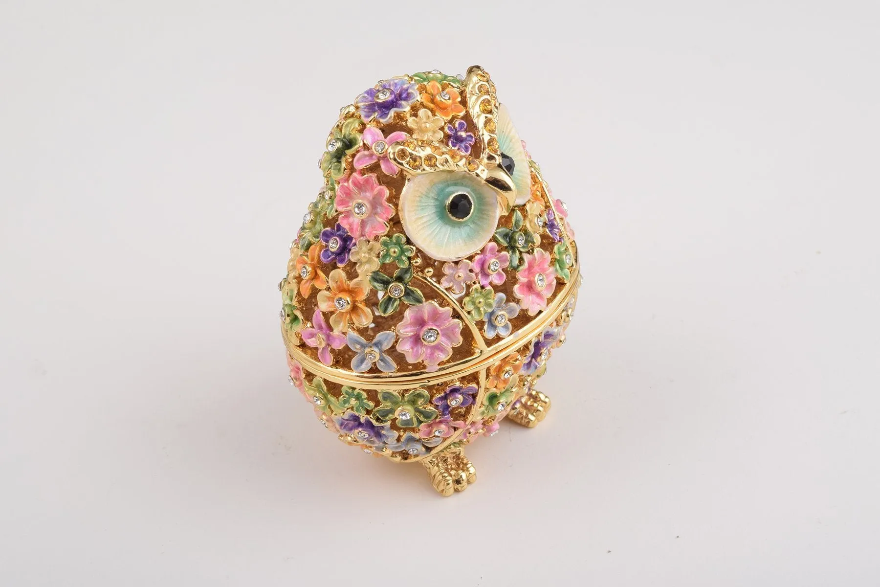 Gold Owl with Colorful Flowers Trinket Box