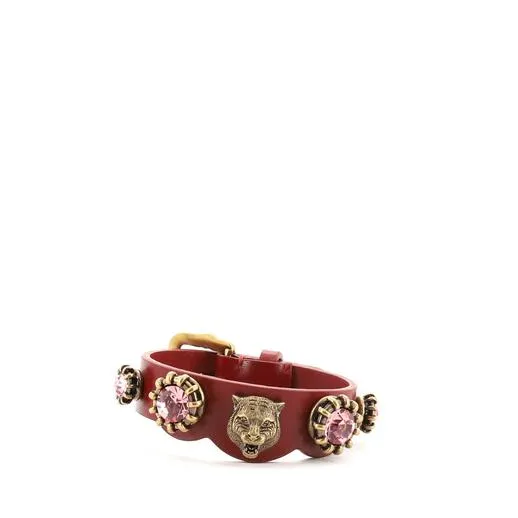 Gucci Crystal Feline Head Leather Bracelet in Red