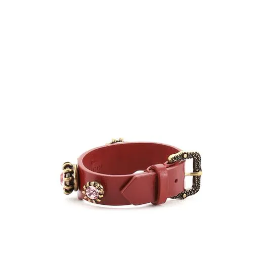 Gucci Crystal Feline Head Leather Bracelet in Red