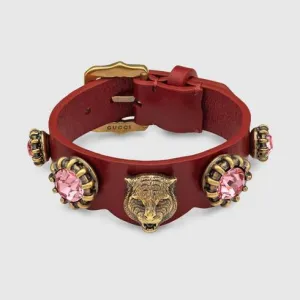 Gucci Crystal Feline Head Leather Bracelet in Red