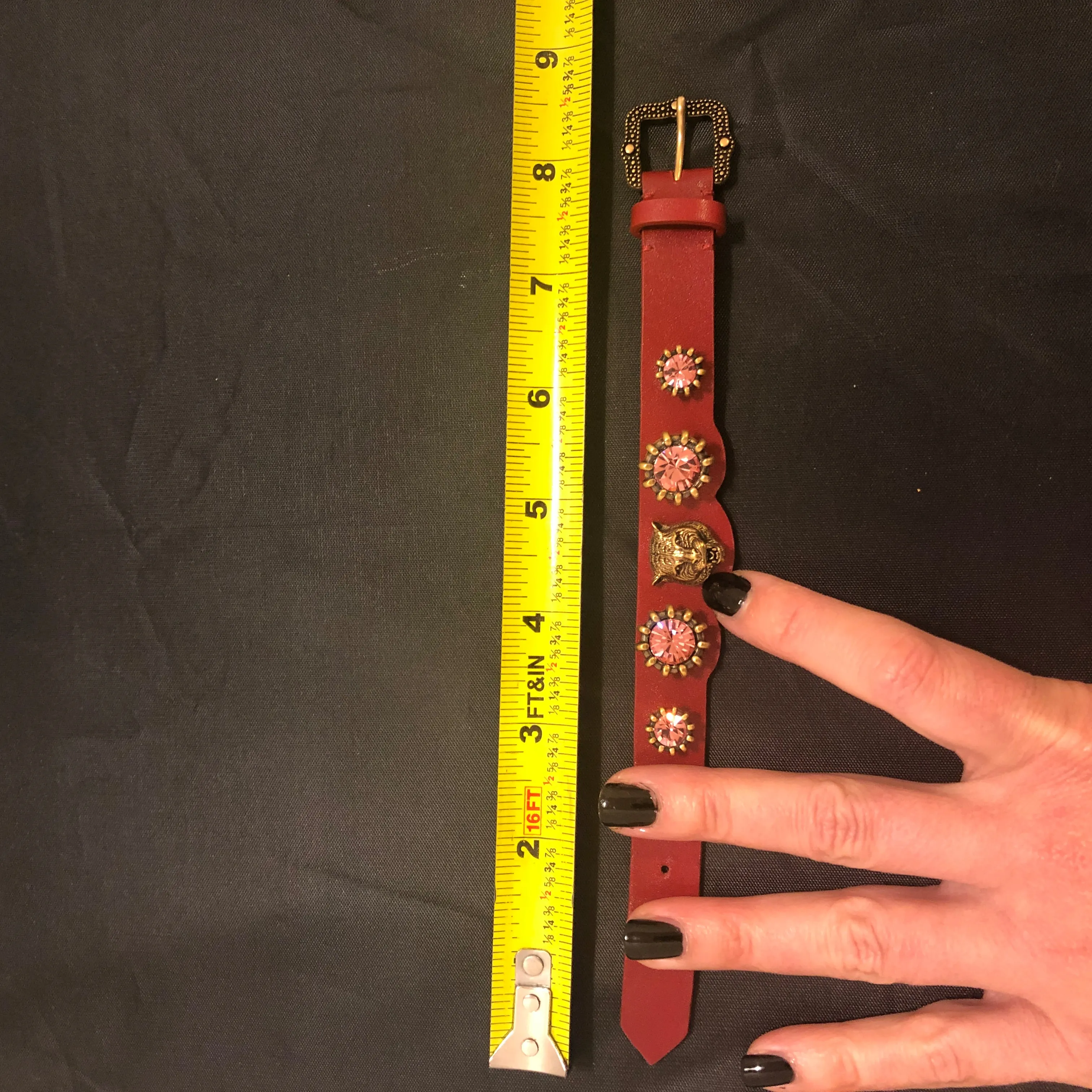 Gucci Crystal Feline Head Leather Bracelet in Red