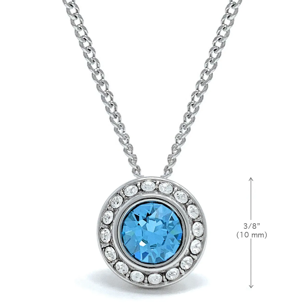 Halo Pave Pendant Necklace with Blue Aquamarine Round Crystals from Swarovski Silver Toned Rhodium Plated