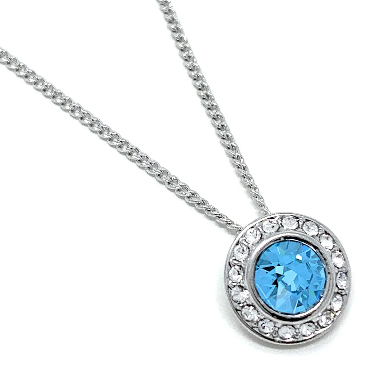Halo Pave Pendant Necklace with Blue Aquamarine Round Crystals from Swarovski Silver Toned Rhodium Plated