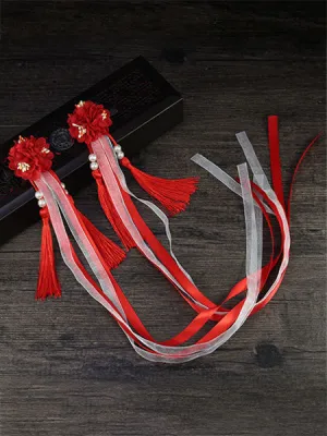 Han Lolita Headdress Chinese Style Fringe Flowers Ribbons Lolita Hair Accessories