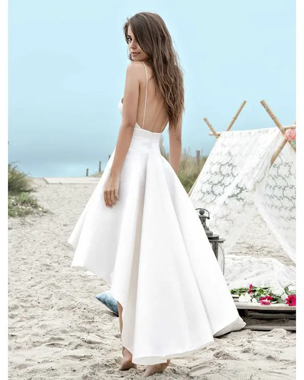 High Low Spaghetti Straps Backless Satin Beach Wedding Dress with Pockets